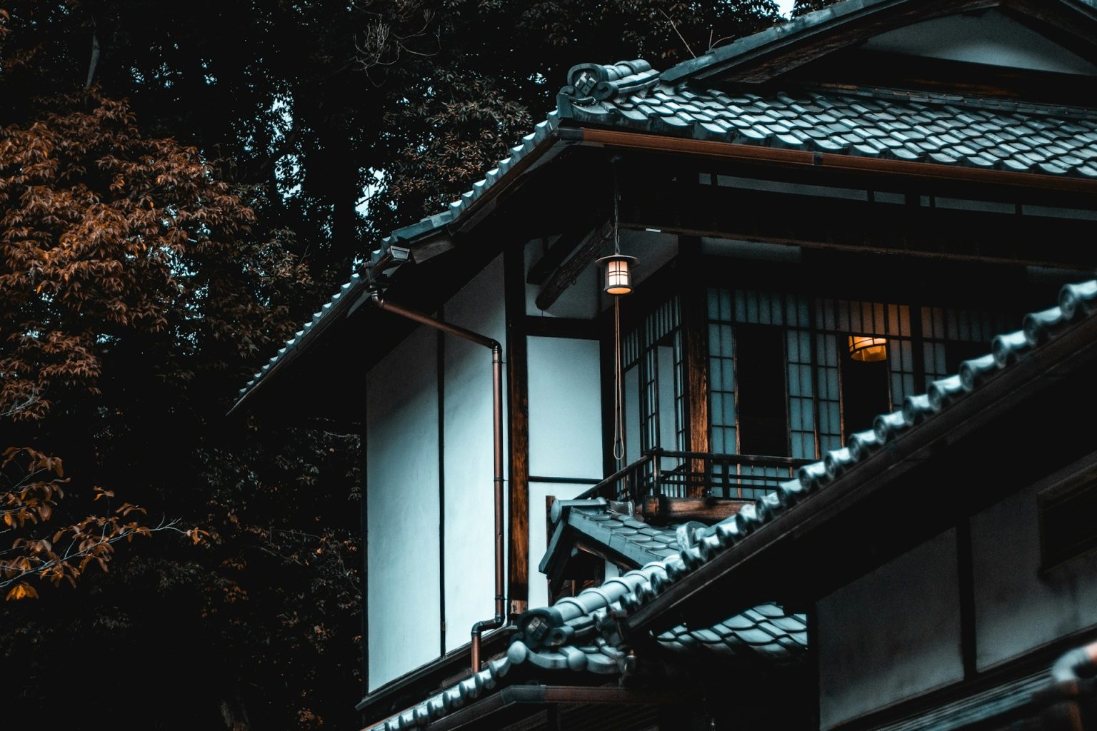 瓦屋根の軒先と、壁に沿った雨どい